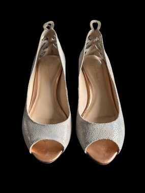 Guilhermina Anthropologie Peep-Toe Flats Iridescent Silver & Rose Gold Size 7